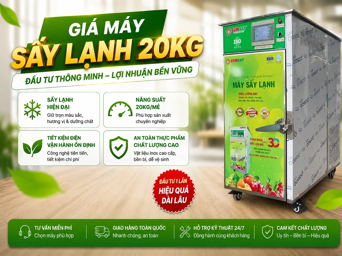 Giá máy sấy lạnh 20kg hiện đang là chủ đề được nhiều cơ sở chế biến thực phẩm quan tâm khi tìm kiếm giải pháp sấy khô hiệu quả