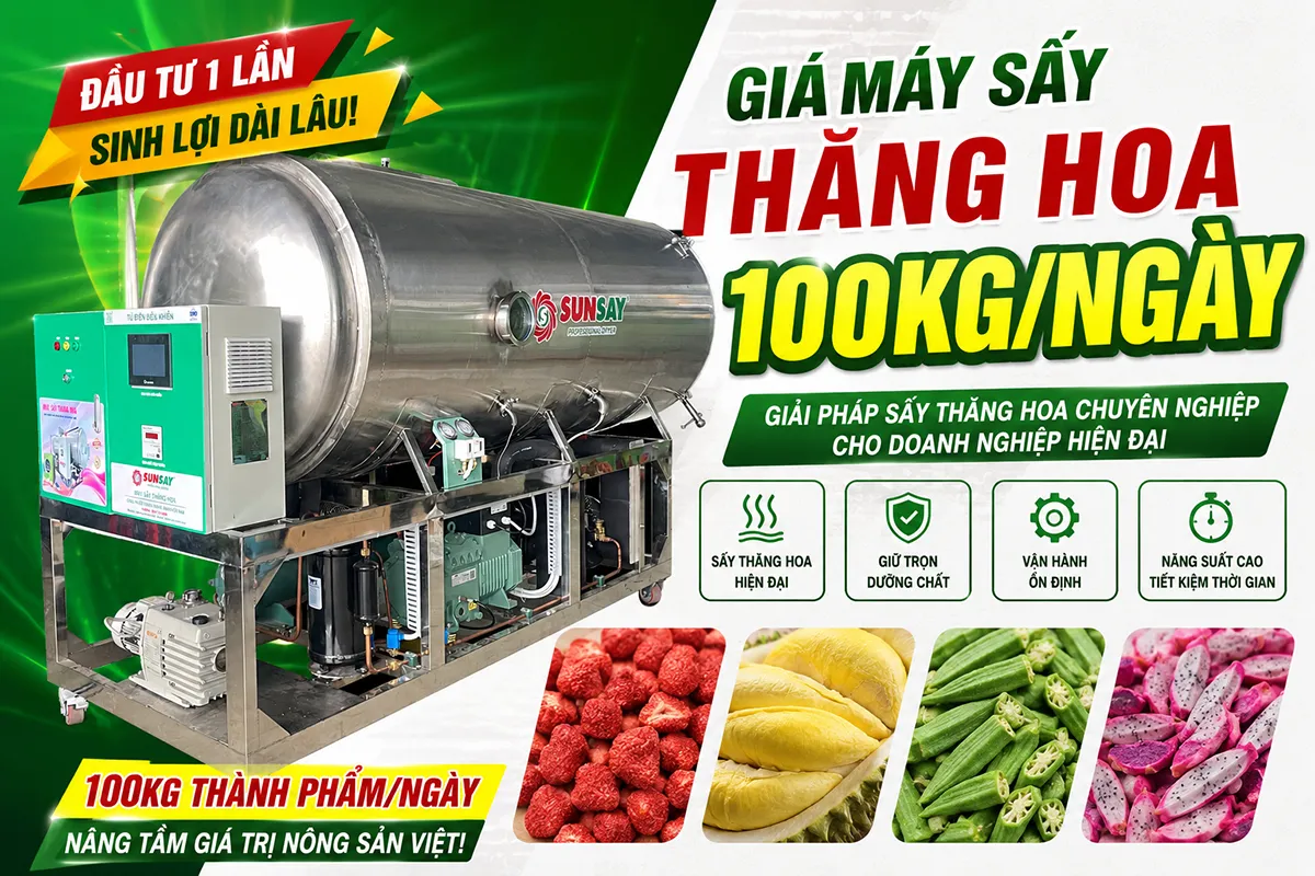 Giá máy sấy thăng hoa 100kg/ngày phụ thuộc vào cấu hình kỹ thuật và yêu cầu cụ thể của từng khách hàng