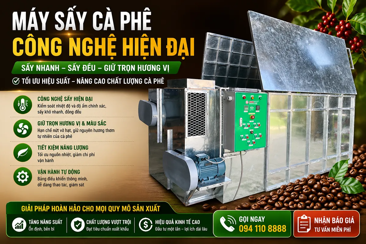 Máy sấy cà phê công nghệ hiện đại giúp kiểm soát nhiệt độ chính xác, bảo vệ hương vị tự nhiên và nâng cao giá trị hạt cà phê đạt chuẩn xuất khẩu