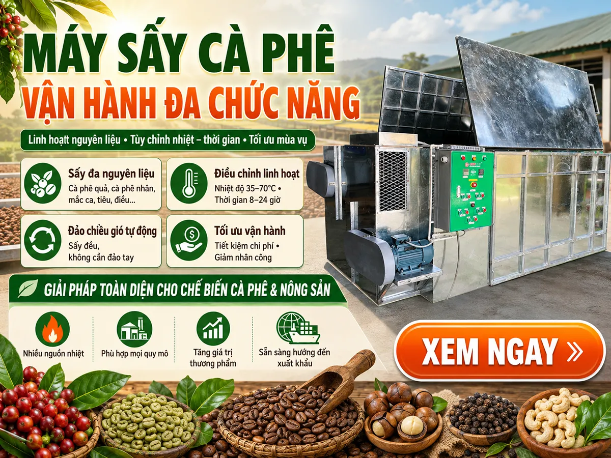 Máy sấy cà phê vận hành đa chức năng giúp xử lý linh hoạt nhiều loại nguyên liệu, tối ưu hiệu suất sấy và phù hợp với mọi quy mô sản xuất từ nhỏ đến lớn