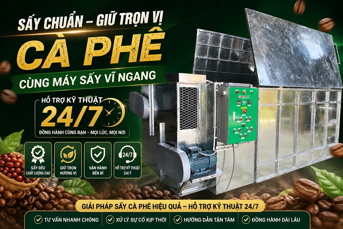 Máy sấy cà phê hỗ trợ kỹ thuật 24/7 mang đến sự an tâm tuyệt đối cho người dùng, đảm bảo quá trình vận hành luôn thông suốt và kịp tiến độ
