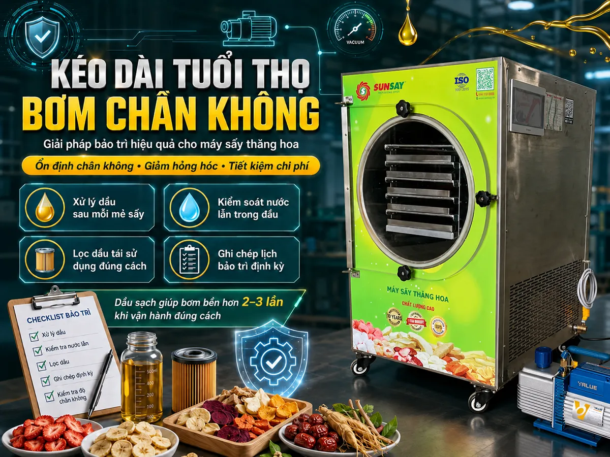 Việc bảo trì đúng cách và kiểm soát chất lượng dầu sau mỗi mẻ sấy là yếu tố then chốt giúp kéo dài tuổi thọ bơm chân không trong hệ thống máy sấy thăng hoa SUNSAY