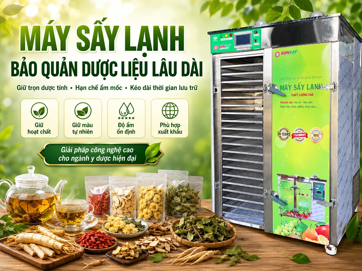 Máy sấy lạnh bảo quản dược liệu lâu dài là giải pháp tối ưu giúp giữ nguyên dược tính, màu sắc và hương thơm tự nhiên của thảo dược trong suốt quá trình lưu trữ và phân phối