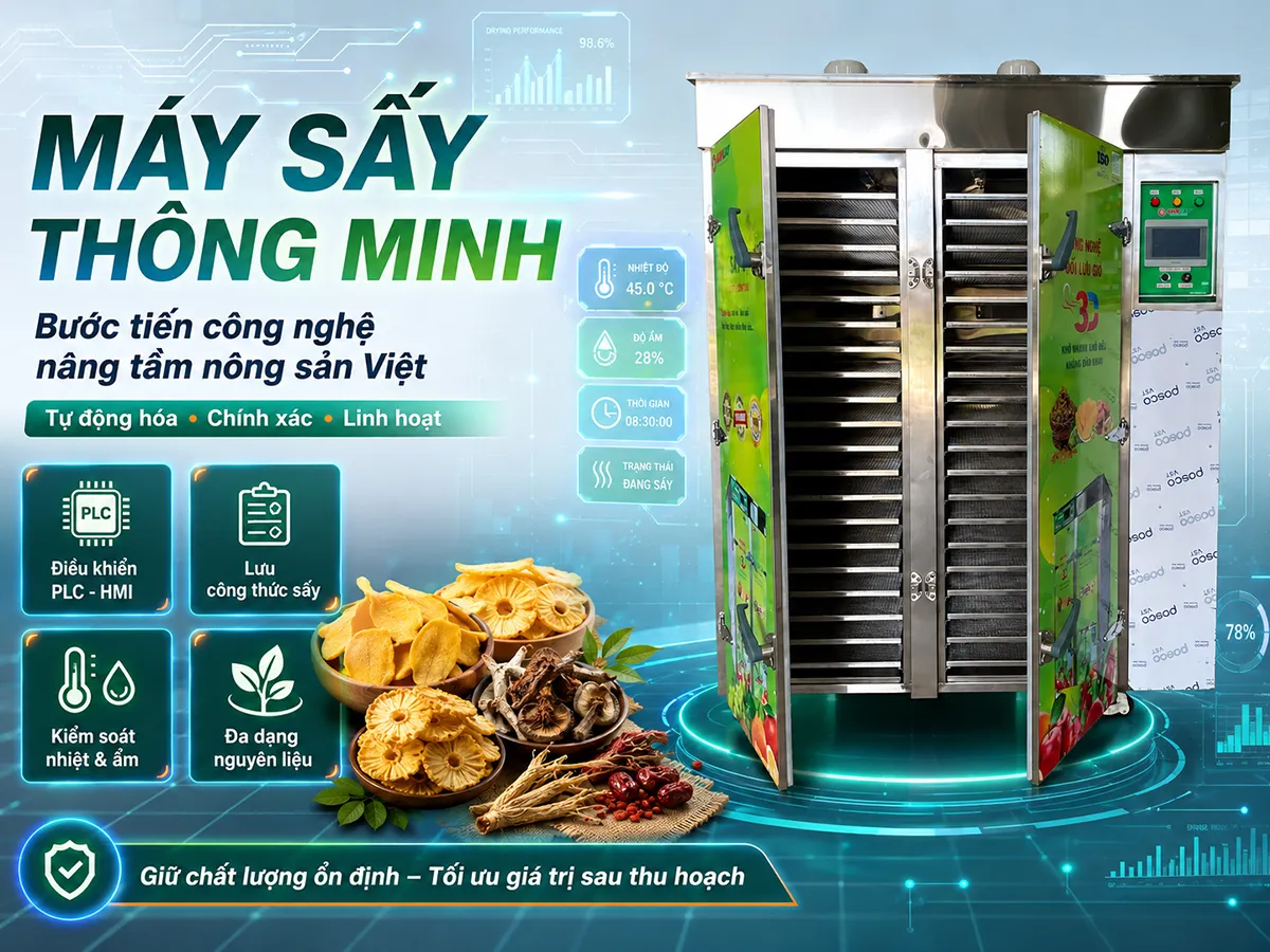 Máy sấy thông minh không chỉ giúp kiểm soát chính xác nhiệt độ và độ ẩm trong quá trình sấy mà còn tối ưu hóa chất lượng nông sản