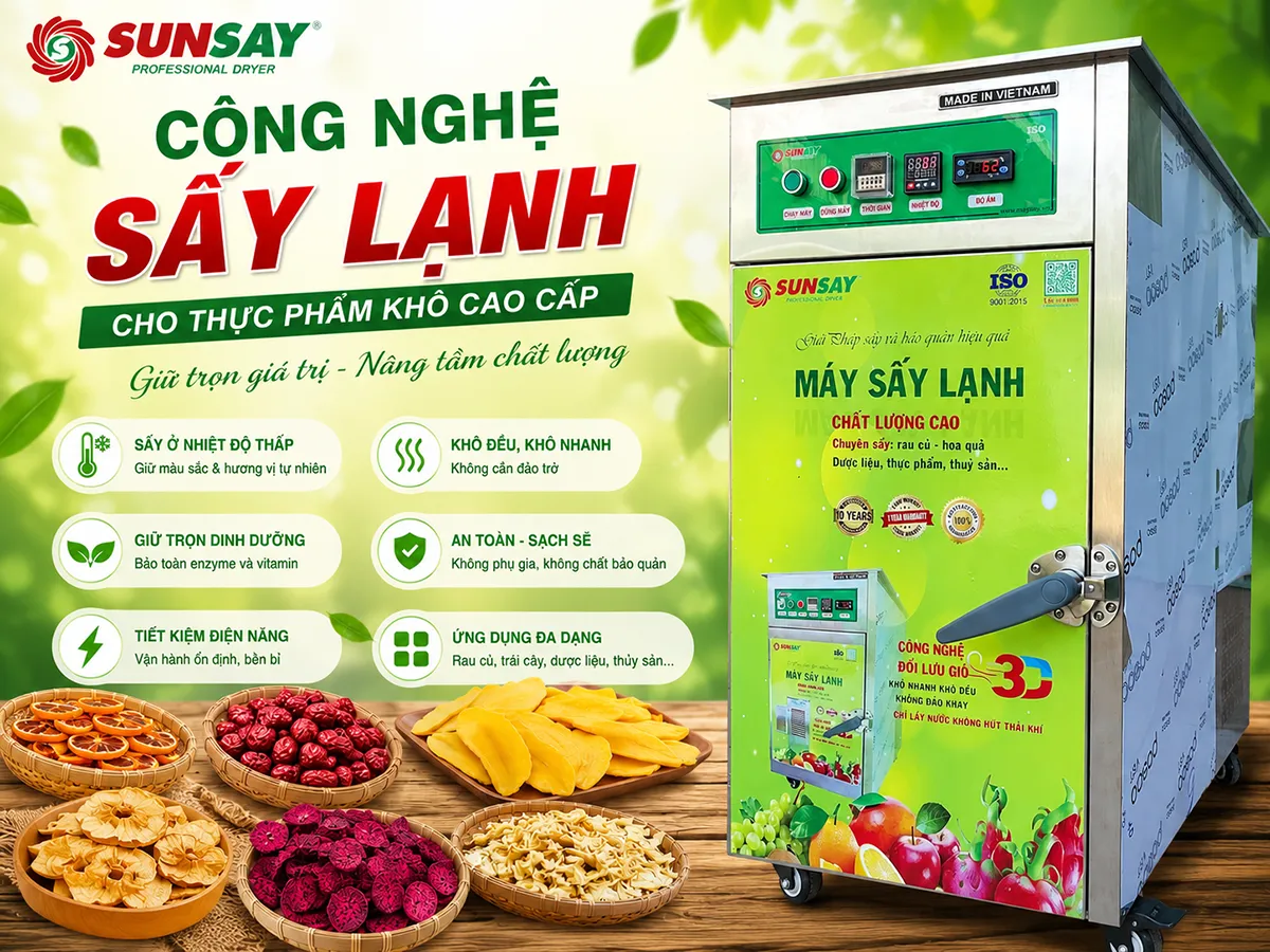 Máy sấy lạnh SUNSAY ứng dụng Công nghệ sấy lạnh cho thực phẩm khô cao cấp, giúp sản phẩm giữ được màu sắc đẹp, hương vị tự nhiên và giá trị dinh dưỡng sau sấy
