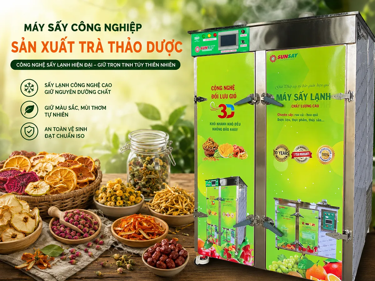 Máy sấy công nghiệp sản xuất trà thảo dược đóng vai trò then chốt trong việc giữ nguyên dược tính, màu sắc và hương thơm tự nhiên của nguyên liệu sau thu hoạch