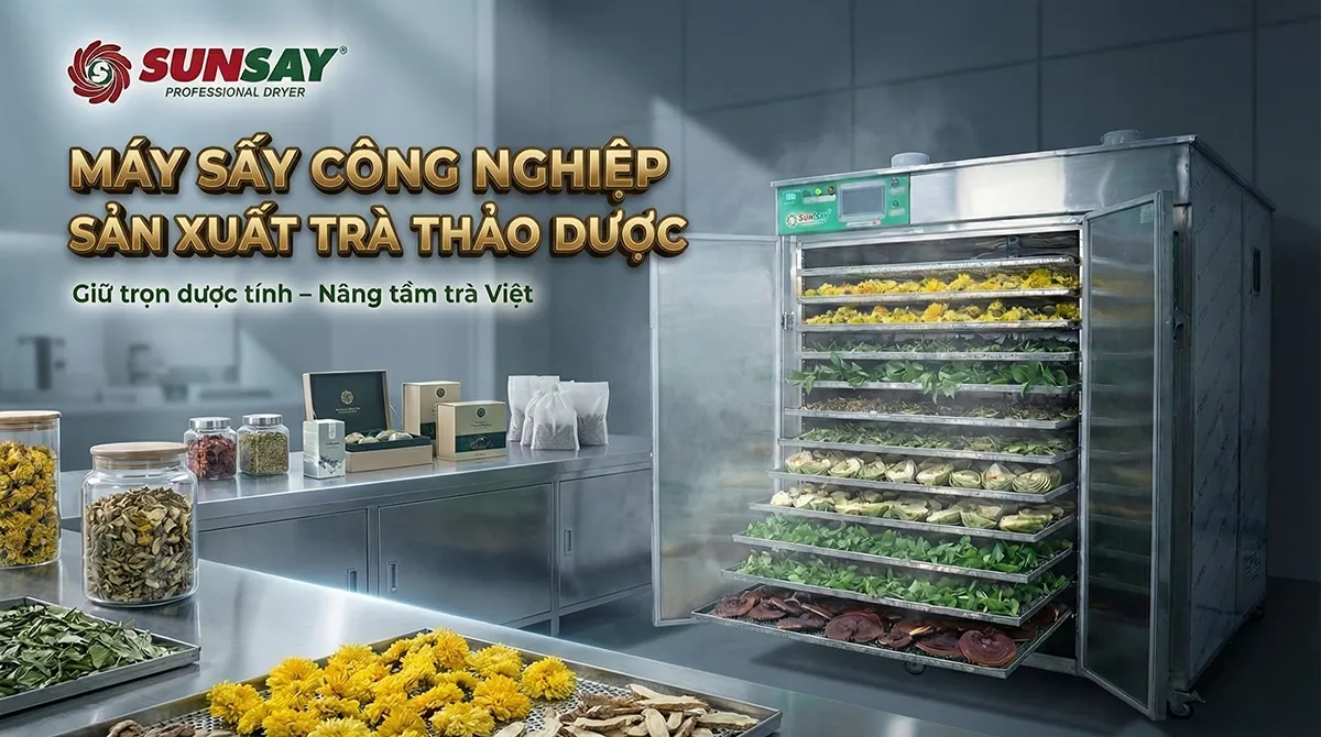 Máy sấy công nghiệp sản xuất trà thảo dược đóng vai trò then chốt trong việc giữ nguyên dược tính, màu sắc và hương thơm tự nhiên của nguyên liệu sau thu hoạch