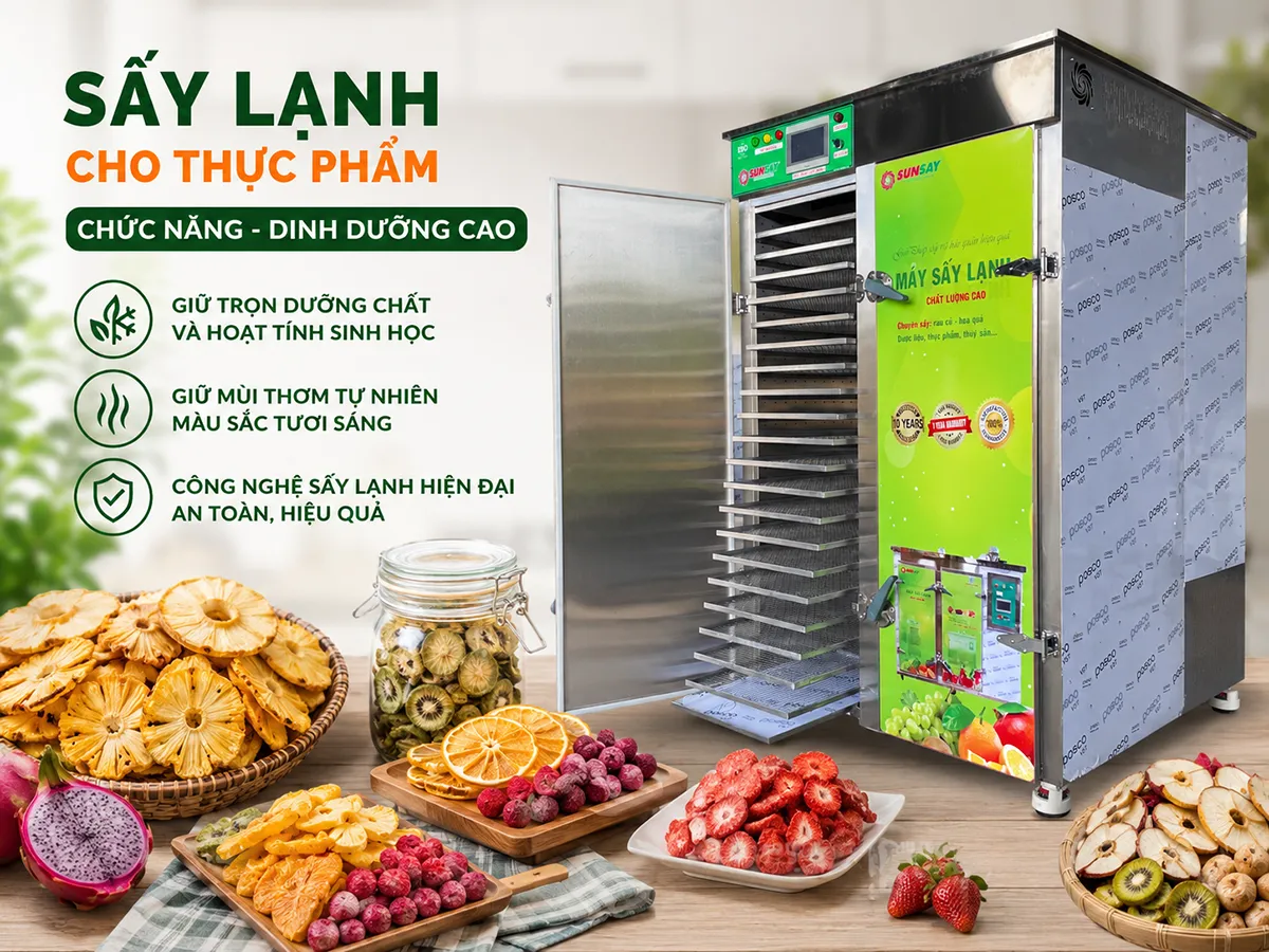 Sấy lạnh cho thực phẩm chức năng dinh dưỡng cao là giải pháp tối ưu giúp giữ nguyên hoạt chất sinh học, màu sắc và hương thơm tự nhiên trong từng nguyên liệu quý