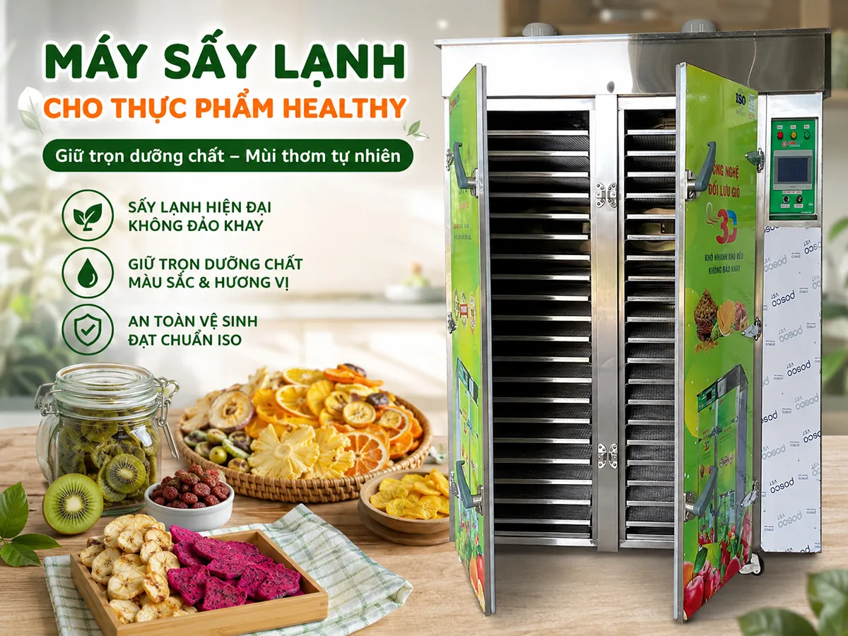 Máy sấy lạnh cho thực phẩm healthy giúp giữ nguyên dinh dưỡng, màu sắc và hương vị tự nhiên của nguyên liệu, tạo ra các sản phẩm sấy chất lượng cao đáp ứng xu hướng ăn uống lành mạnh