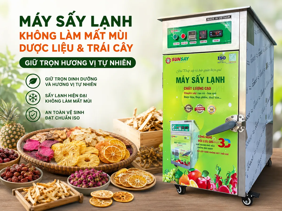 Máy sấy lạnh không làm mất mùi dược liệu giúp giữ nguyên hương thơm đặc trưng và giá trị dược tính trong từng vị thuốc sau sấy.