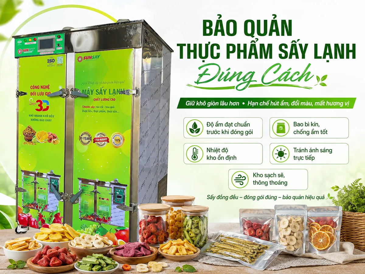 Điều kiện bảo quản thực phẩm sấy lạnh cần khô ráo, thoáng mát và tránh ánh nắng trực tiếp.