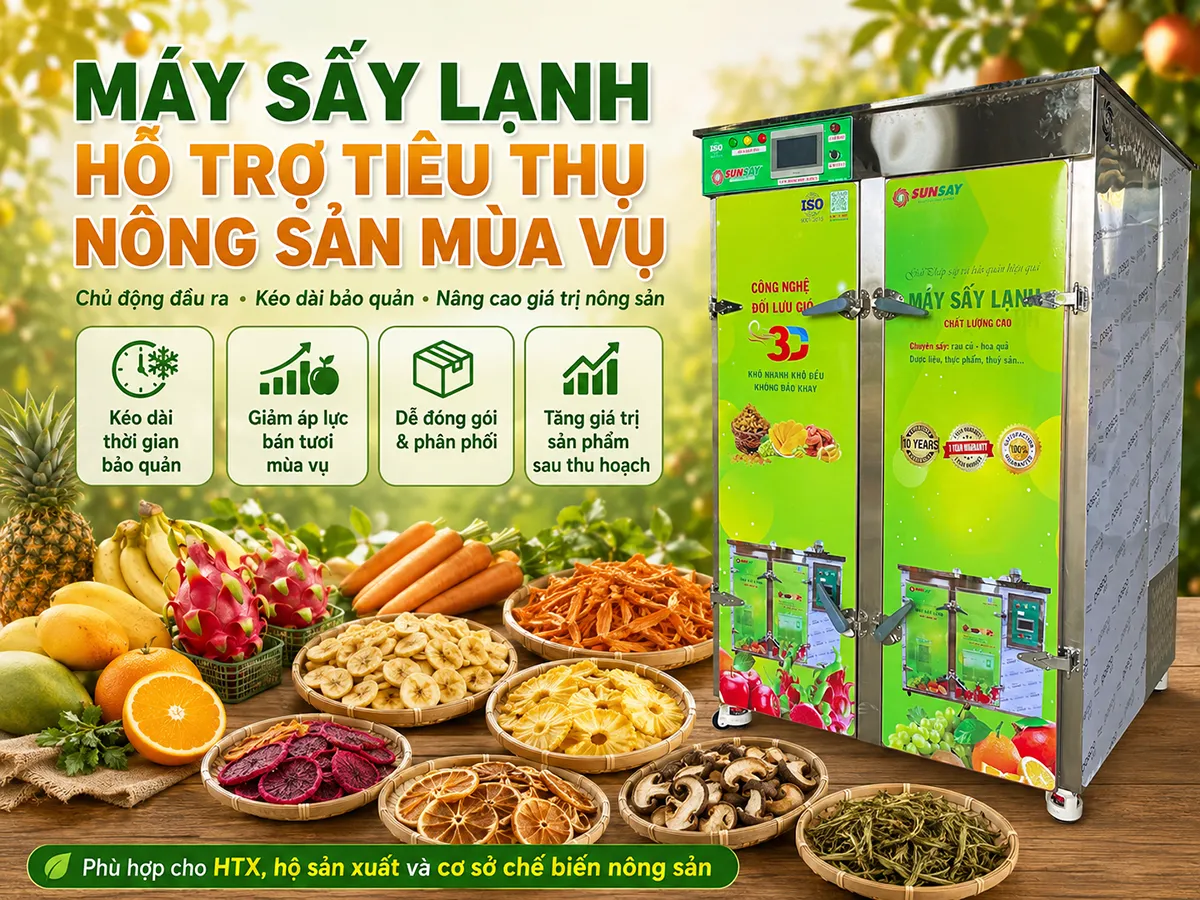 Máy sấy lạnh SUNSAY hỗ trợ nâng cao giá trị nông sản và phát triển nhiều sản phẩm chế biến mới.