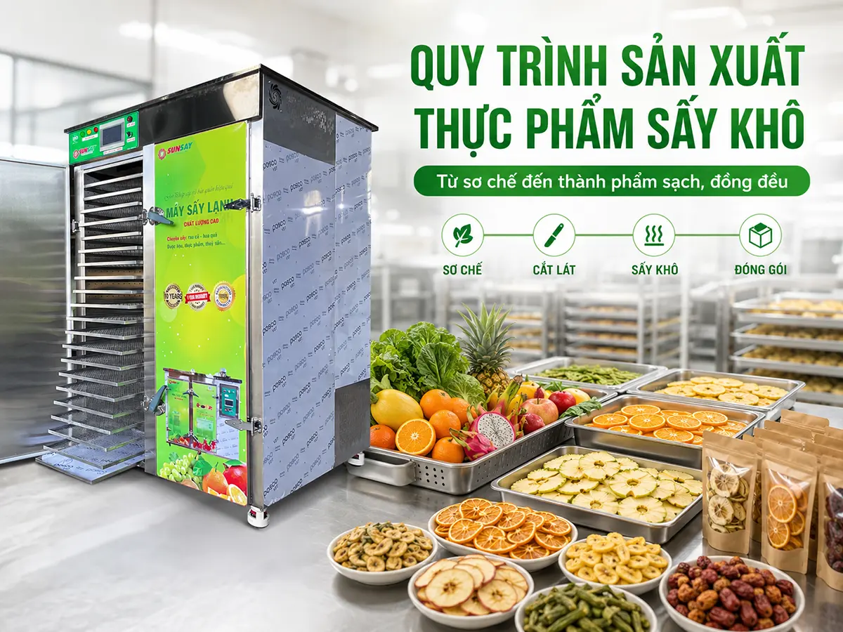 Quy trình sản xuất thực phẩm sấy khô cần kiểm soát chặt chẽ từ nguyên liệu đầu vào đến đóng gói thành phẩm.