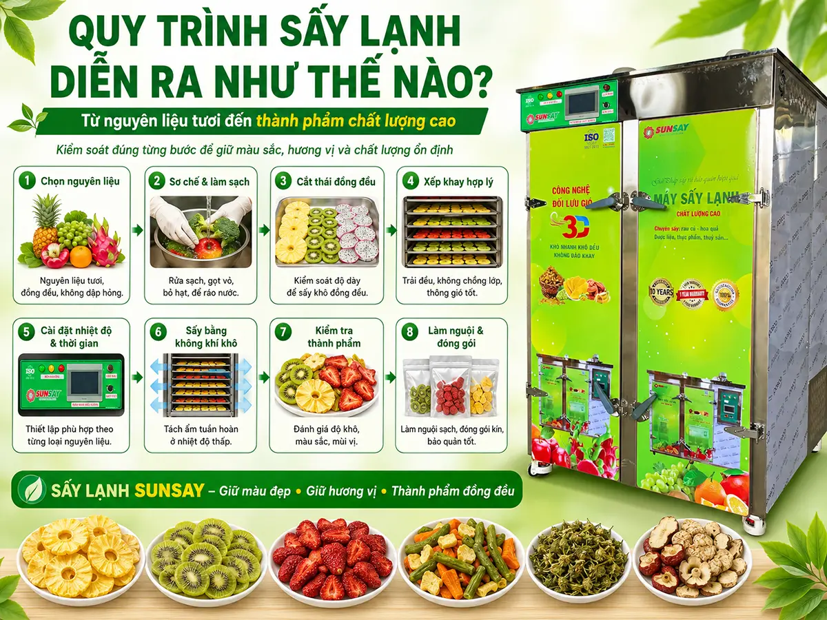 Quy trình sấy lạnh diễn ra như thế nào từ khâu sơ chế đến khi đóng gói?