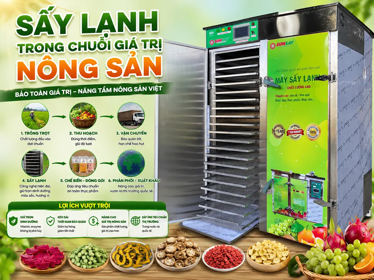 Sấy lạnh trong chuỗi giá trị nông sản giúp kết nối vùng nguyên liệu với hoạt động chế biến, bảo quản và phân phối sản phẩm.