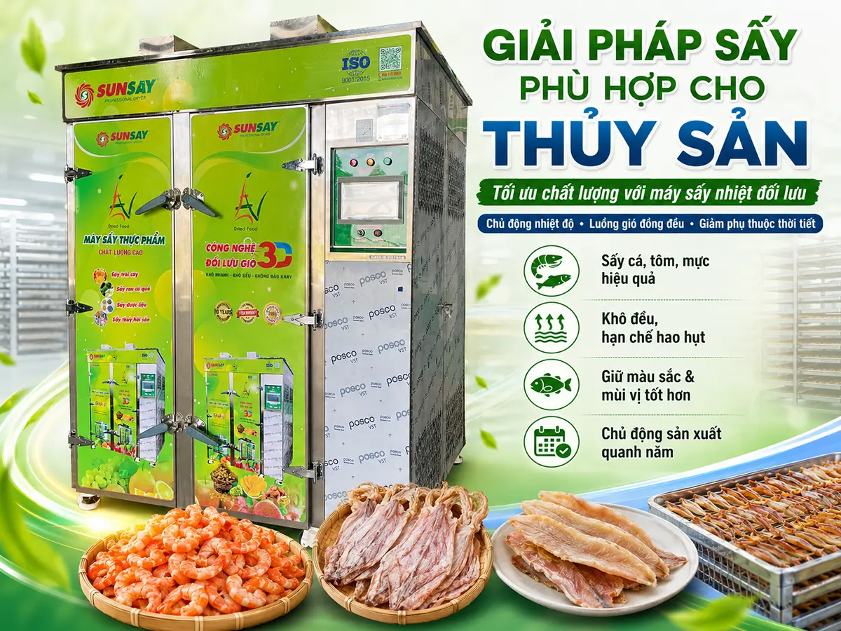 Giải pháp sấy phù hợp cho thủy sản giúp kiểm soát nhiệt độ và quá trình thoát ẩm ổn định hơn so với phơi truyền thống.