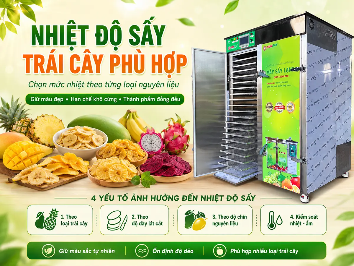 Nhiệt độ sấy trái cây phù hợp cần được xác định dựa trên loại nguyên liệu, độ dày và yêu cầu thành phẩm.