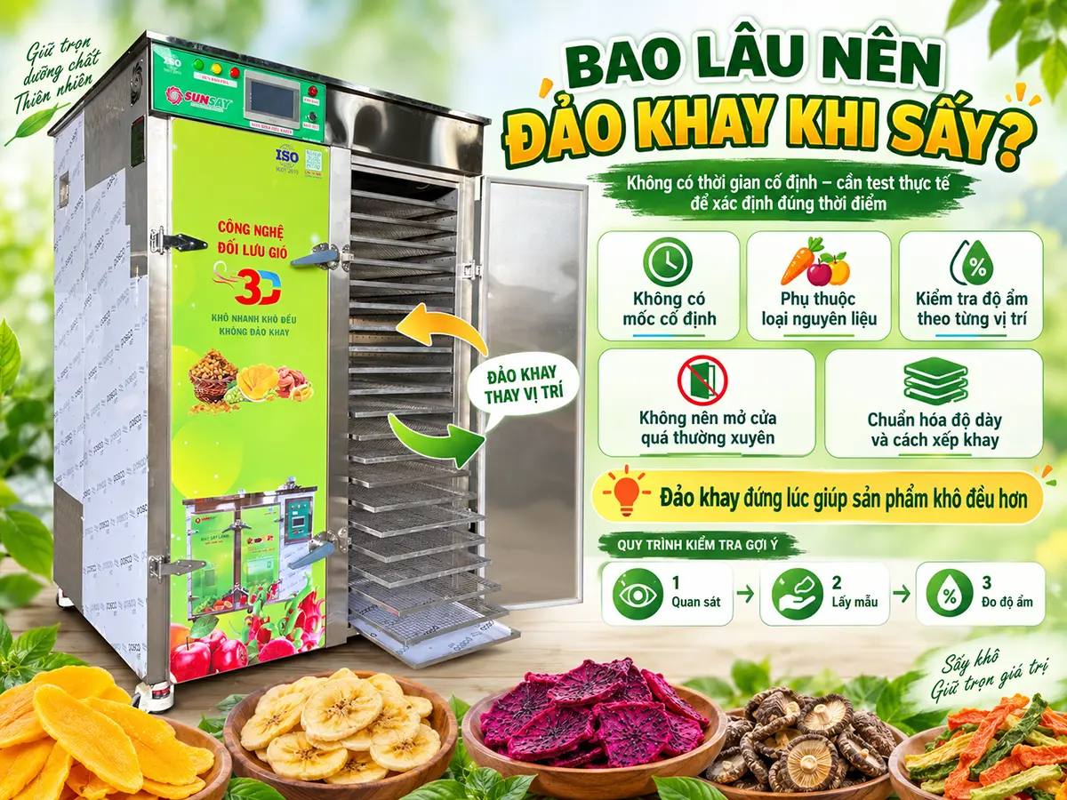 Bao lâu nên đảo khay khi sấy phụ thuộc vào nguyên liệu và điều kiện tuần hoàn trong buồng sấy.