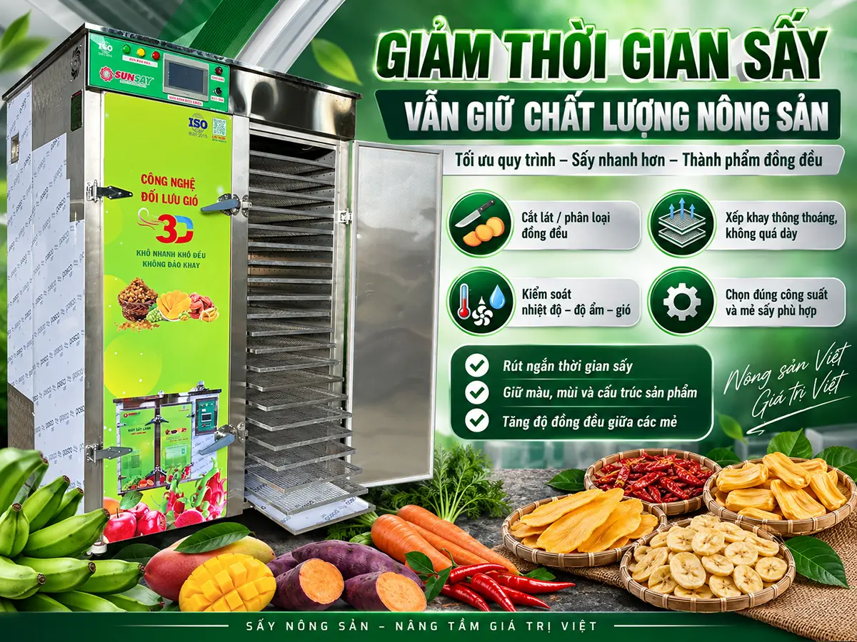 Cách giảm thời gian sấy nông sản theo từng nút thắt: chuẩn hóa nguyên liệu, sơ chế, xếp tải, điều khiển nhiệt – gió – ẩm, xác định điểm dừng và bảo trì máy.
