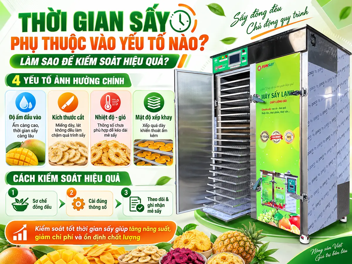 Thời gian sấy phụ thuộc vào yếu tố nào? Phân tích lượng ẩm cần tách, đặc tính nguyên liệu, cách xếp khay, lưu thông gió, chế độ nhiệt và điểm kết thúc mẻ sấy.